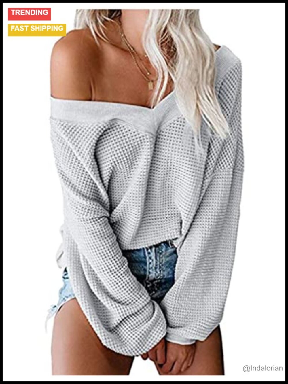Waffle Knit Off Shoulder Pullover Sweater Long Sleeve V Neck Loose Fit